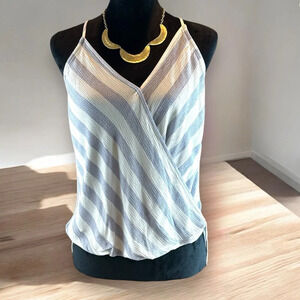 PINK CLOVER‎ WOMEN’S STITCH FIX S Katara Surplice Top Blue White Stripe High low